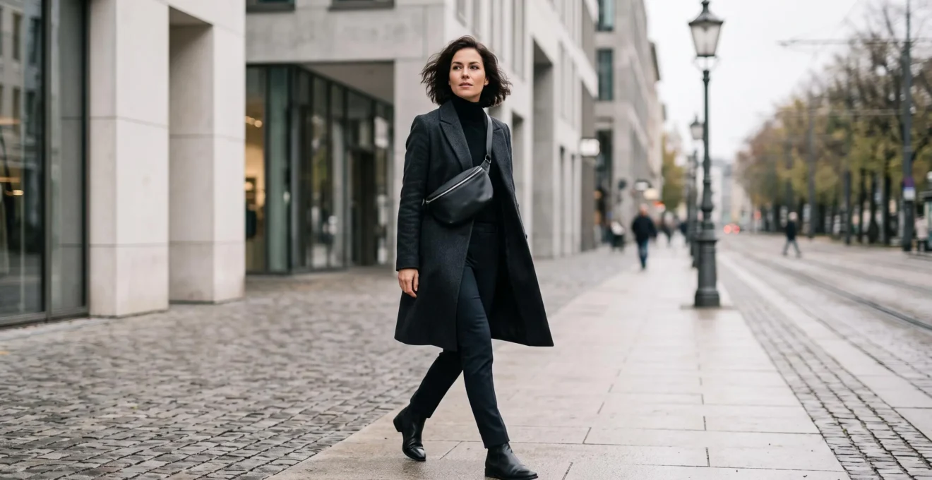 Persona con estilo urbano sofisticado llevando una riñonera de cuero cruzada sobre un abrigo oscuro en un entorno de ciudad minimalista