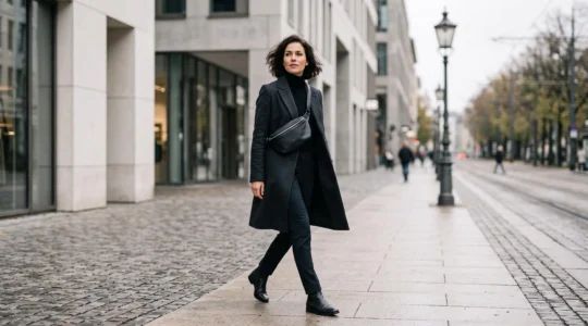 Persona con estilo urbano sofisticado llevando una riñonera de cuero cruzada sobre un abrigo oscuro en un entorno de ciudad minimalista