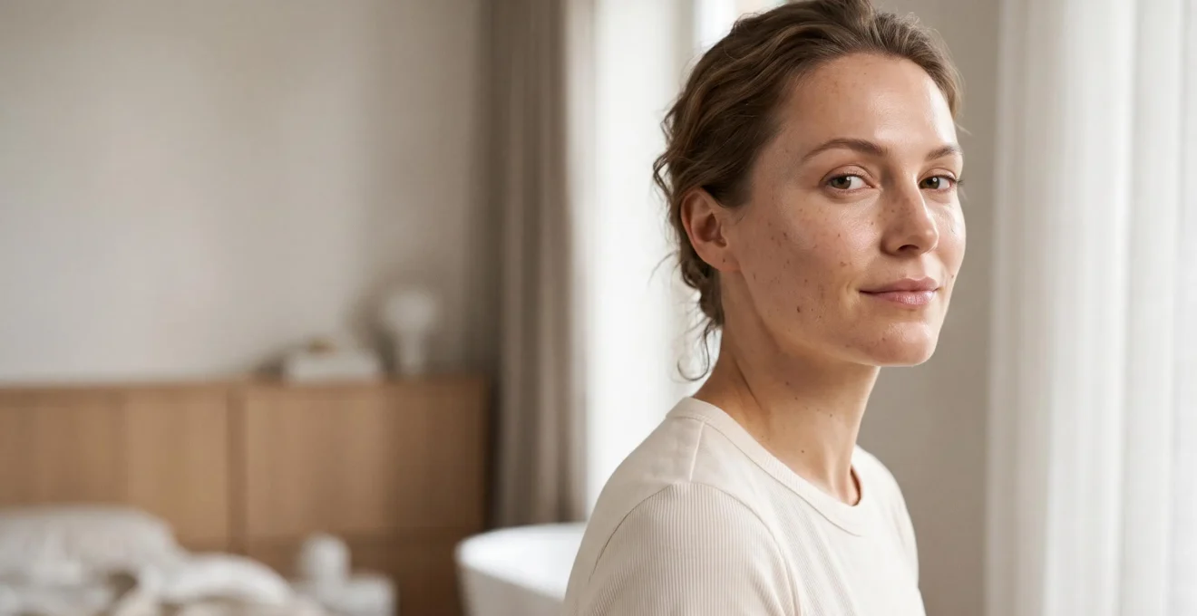 Mujer con piel luminosa y saludable en un entorno minimalista que evoca una rutina facial basada en evidencia científica