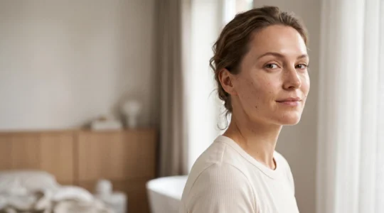 Mujer con piel luminosa y saludable en un entorno minimalista que evoca una rutina facial basada en evidencia científica
