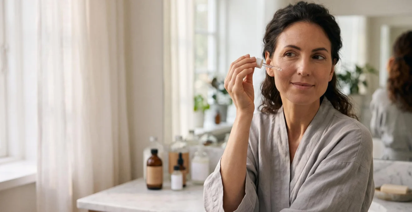 Mujer aplicándose un sérum reafirmante frente a un espejo con luz natural, representando la elección entre ciencia real y marketing de belleza