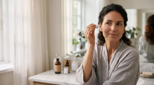 Mujer aplicándose un sérum reafirmante frente a un espejo con luz natural, representando la elección entre ciencia real y marketing de belleza