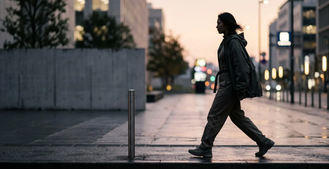 Persona con un look urbano estructurado que combina capas holgadas y ajustadas caminando por una calle de ciudad