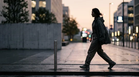 Persona con un look urbano estructurado que combina capas holgadas y ajustadas caminando por una calle de ciudad