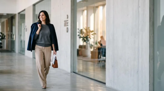 Mujer profesional caminando con un conjunto elegante y comodo en un pasillo de oficina minimalista